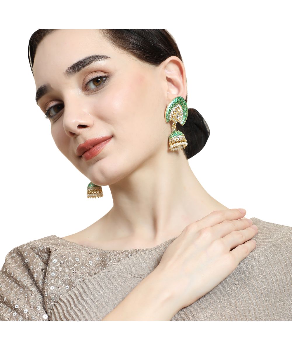 Women's Enameled Green Colored Structured Shaped Stone Studded Jhumka Earring - MODE MANIA