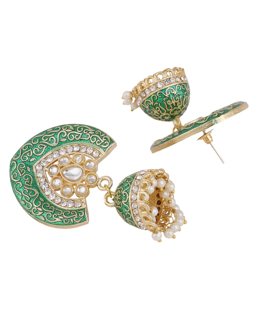 Women's Enameled Green Colored Structured Shaped Stone Studded Jhumka Earring - MODE MANIA