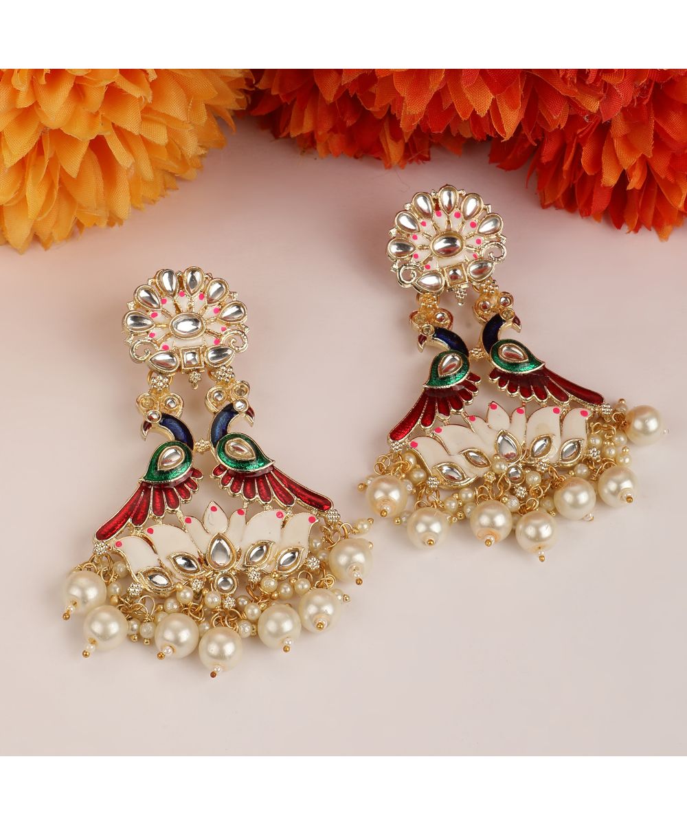 Women's Statement Peacock figure Kundan and Pearl Studded Party and Wedding Wear Earring - MODE MANIA