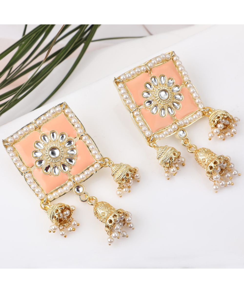 Women's Square Shaped Enameled Kundan and Pearl Studded Statement Jhumka Earring - MODE MANIA