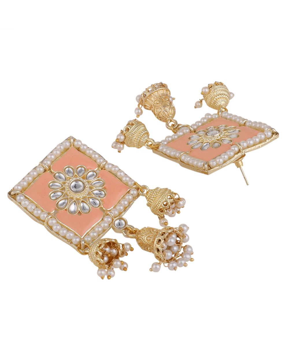 Women's Square Shaped Enameled Kundan and Pearl Studded Statement Jhumka Earring - MODE MANIA