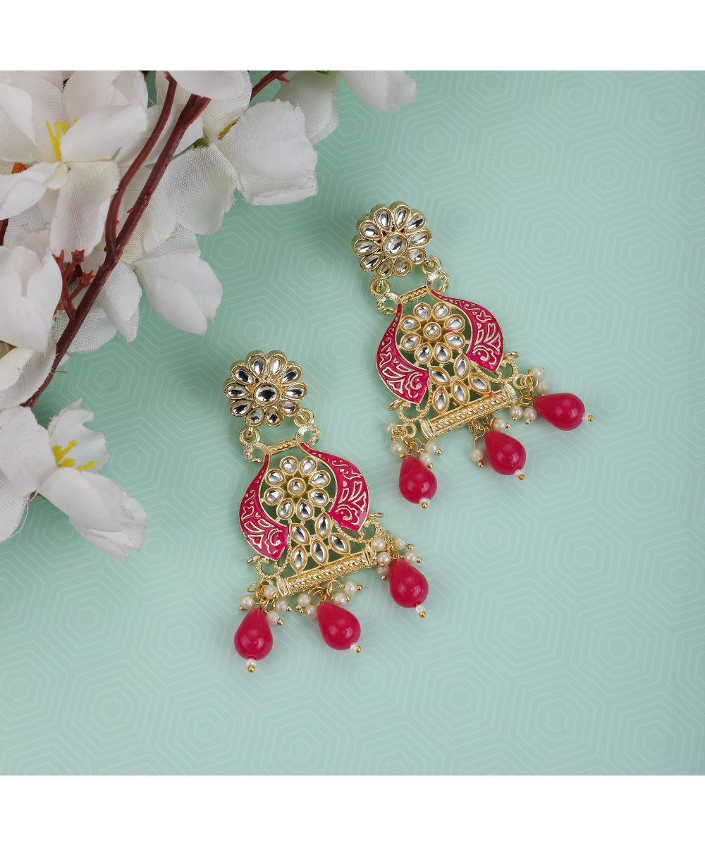 Women's Traditional Red colored Enameled Kundan and Pearl Studded Earring - MODE MANIA