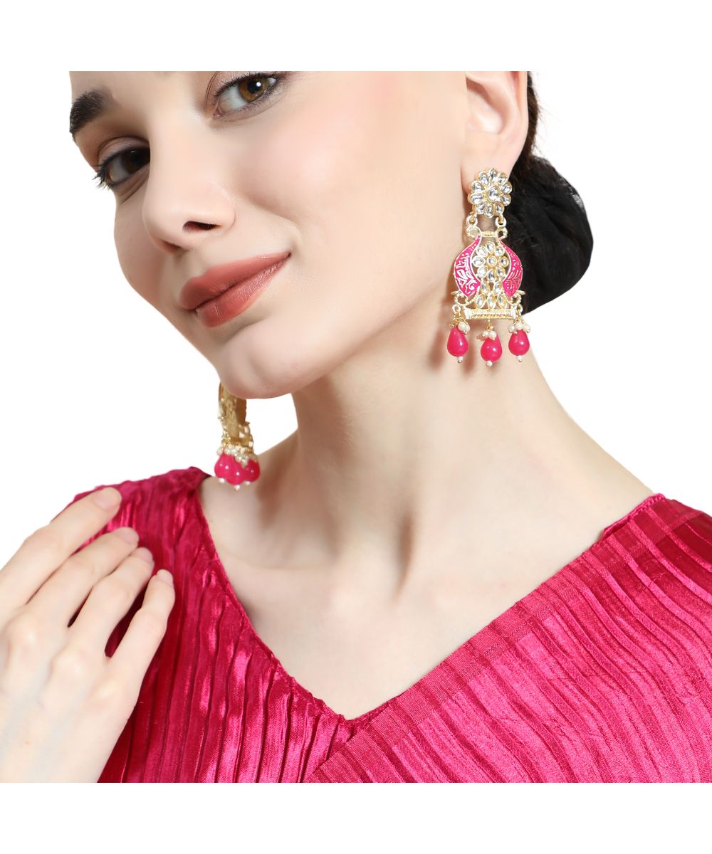 Women's Traditional Red colored Enameled Kundan and Pearl Studded Earring - MODE MANIA