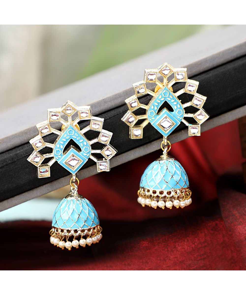 Women's Enameled Kundan Studded Blue Colored Jhumka Earring - MODE MANIA
