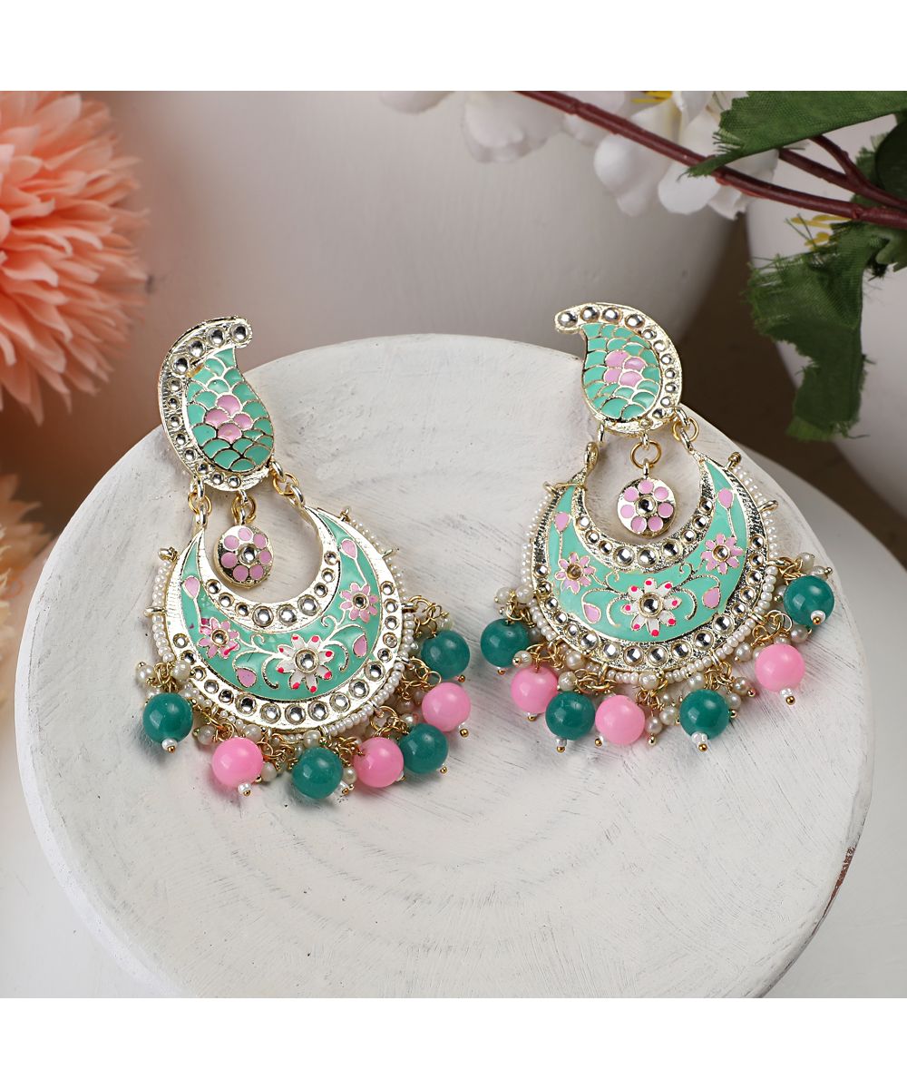 Women's Traditional Paisely Design Enameled Stone and Pearl Studded Chandbali Earring - MODE MANIA