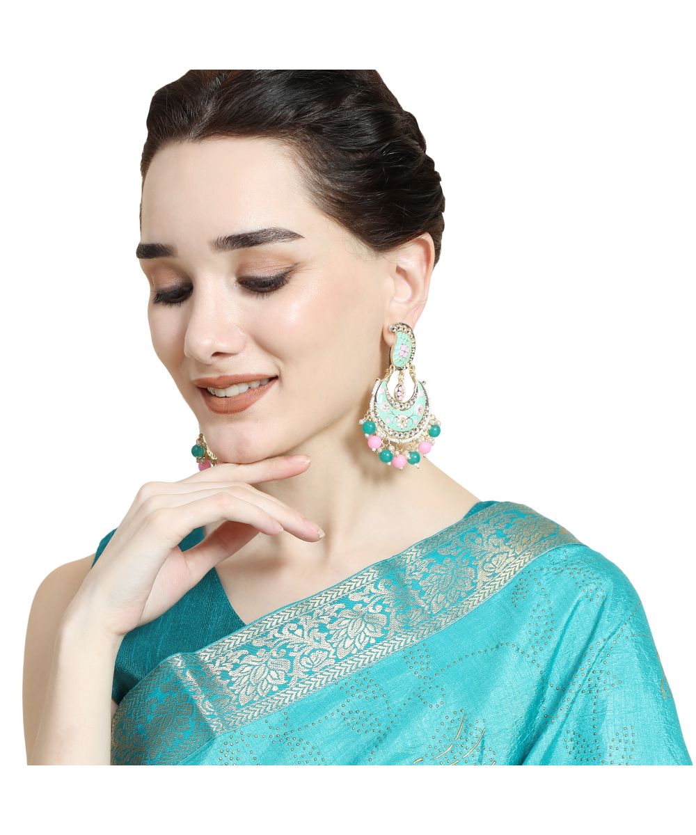 Women's Traditional Paisely Design Enameled Stone and Pearl Studded Chandbali Earring - MODE MANIA
