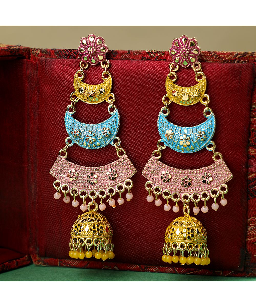 Women's Traditional Enameled Multicolor Dangle Drop Jhumka Earring - MODE MANIA