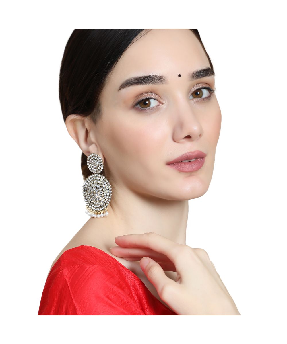 Women's Oxidised Stone and Pearl Studded Round Shaped Statement Earring Jewellery - MODE MANIA