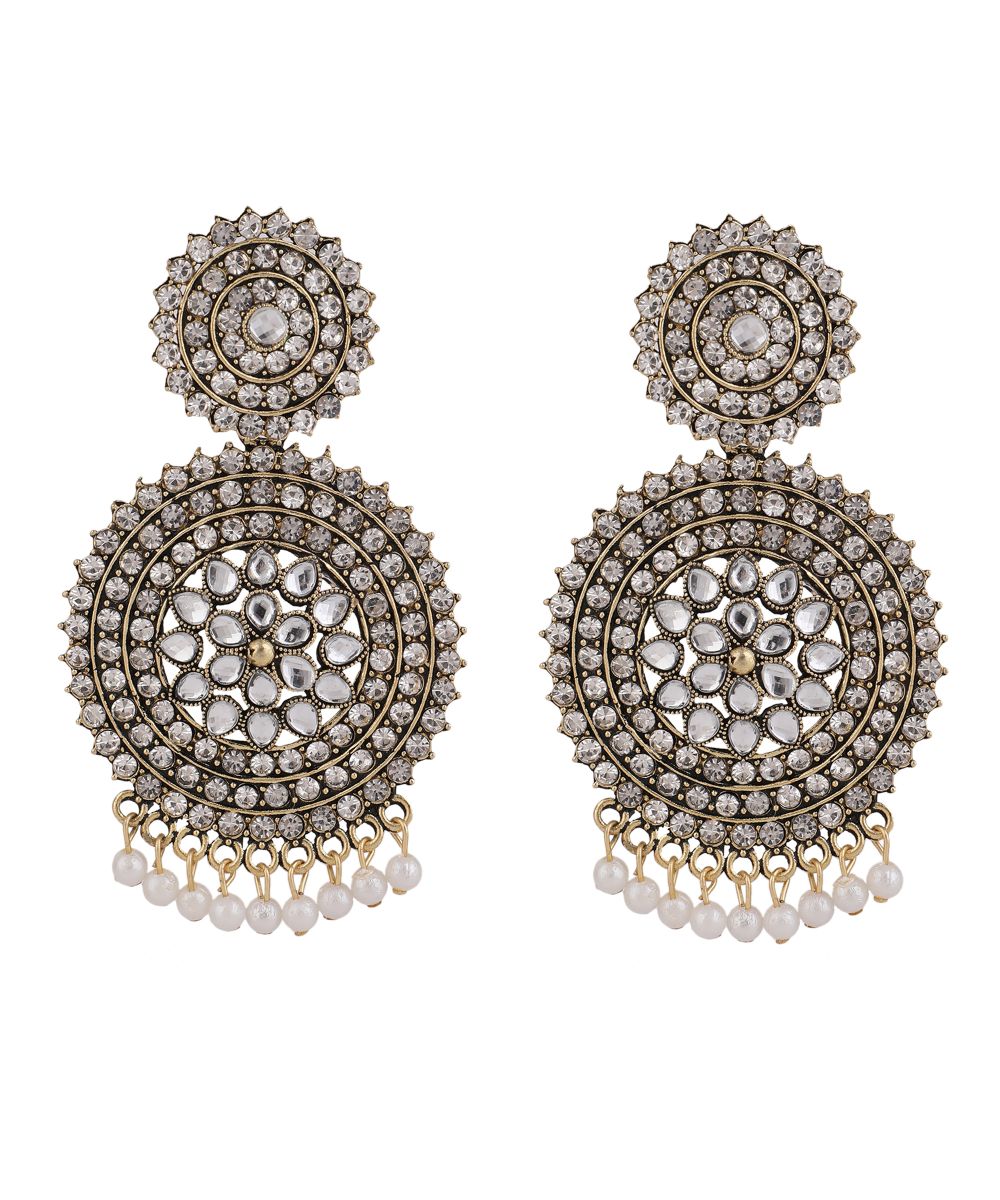 Women's Oxidised Stone and Pearl Studded Round Shaped Statement Earring Jewellery - MODE MANIA