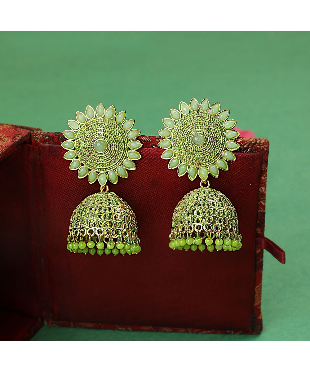 Women's Classic Green color Stone Studded Jhumka Earring - MODE MANIA