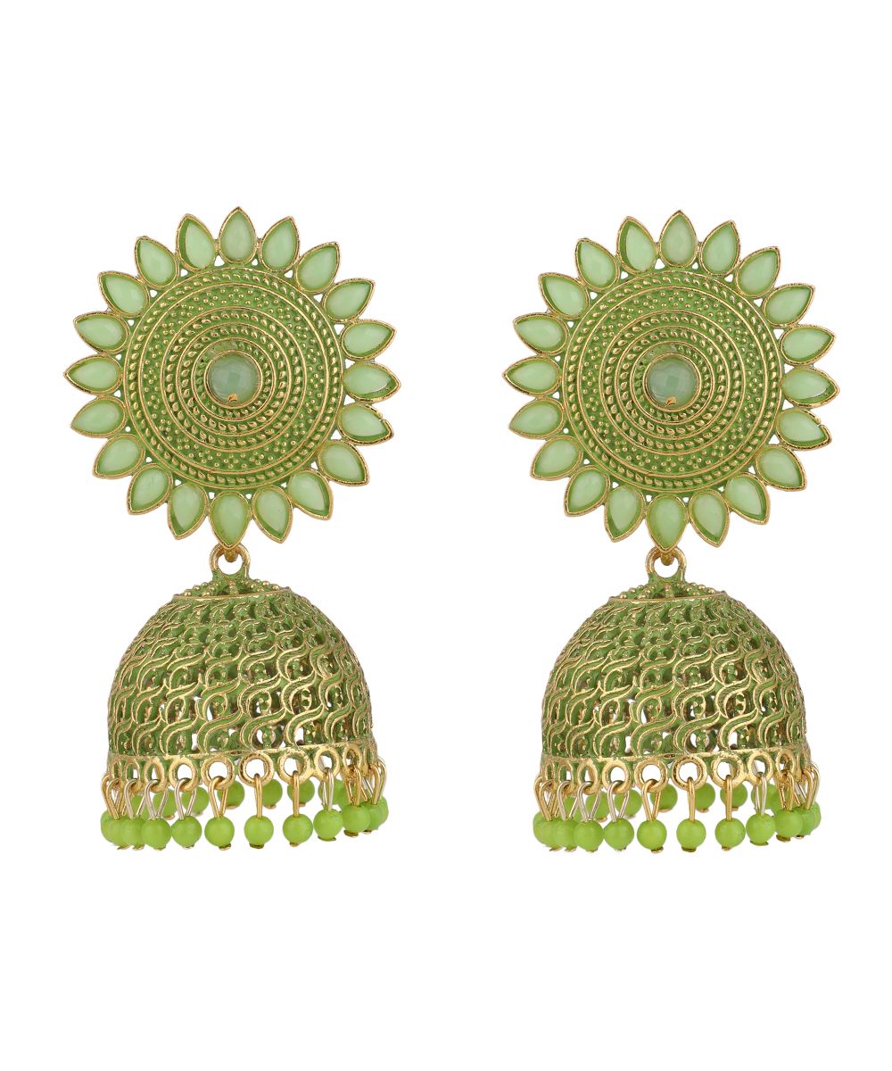 Women's Classic Green color Stone Studded Jhumka Earring - MODE MANIA