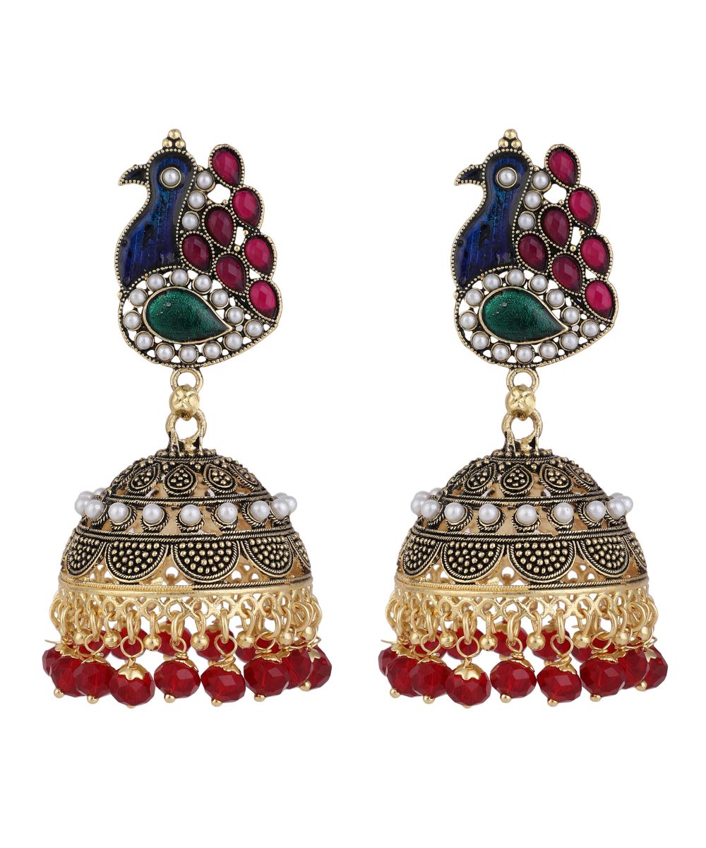 Women's Gold Plated Peacock Shaped Multicolor Jhumka Earring - MODE MANIA