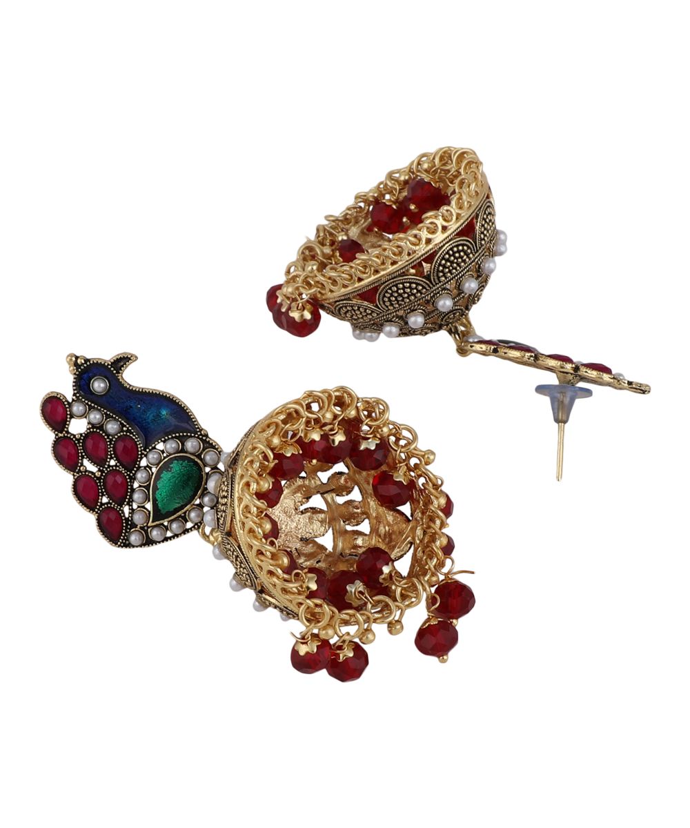 Women's Gold Plated Peacock Shaped Multicolor Jhumka Earring - MODE MANIA