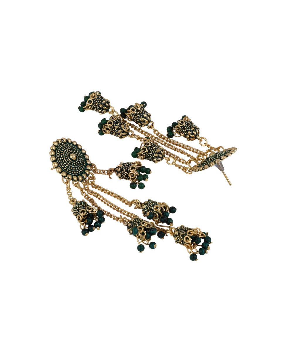 Women's Antique Gold Plated Green Color Dangle and Drop Jhumka Earring - MODE MANIA