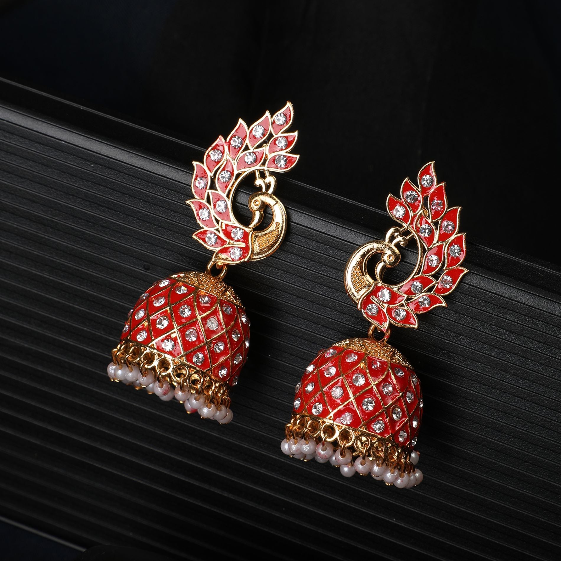 Women's Gold Plated Peacock Shaped Red color Stone Studded Jhumka Earring - MODE MANIA
