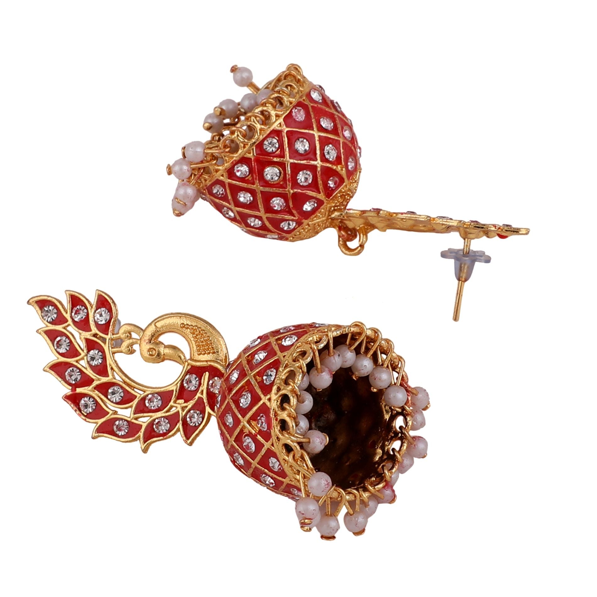 Women's Gold Plated Peacock Shaped Red color Stone Studded Jhumka Earring - MODE MANIA