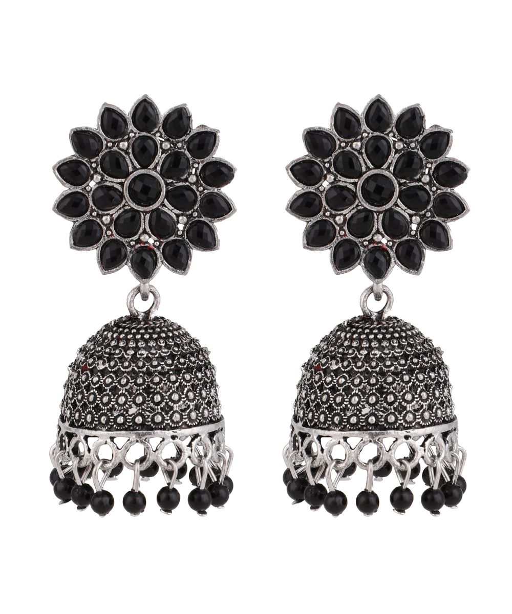 Women's Oxidised Black Colored Stone Studded Classic Jhumka Earring - MODE MANIA