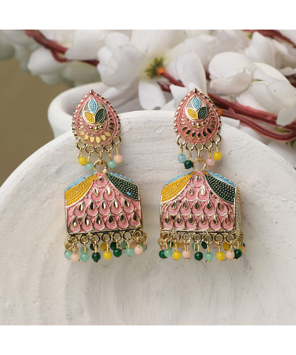 Women's Gold Plated Enameled Multi Color Statement Jhumka Earring - MODE MANIA