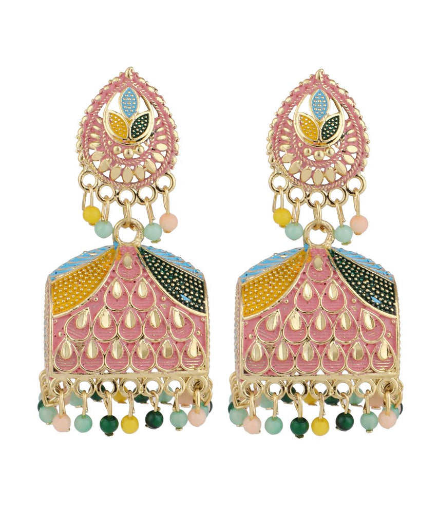 Women's Gold Plated Enameled Multi Color Statement Jhumka Earring