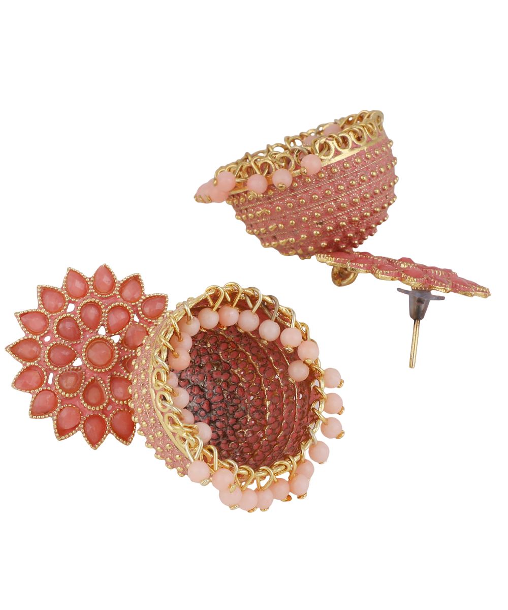 Women's Classic Pink Enameled Stone Studded Jhumka Earrinng - MODE MANIA
