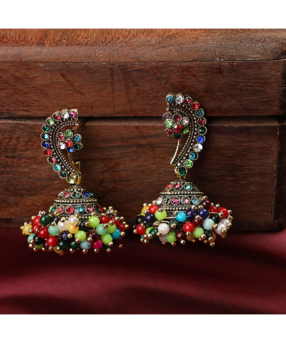 Women's Maharashtran Nath Shaped Multicolor Stone and Pearl Studded Jhumka Earring - MODE MANIA