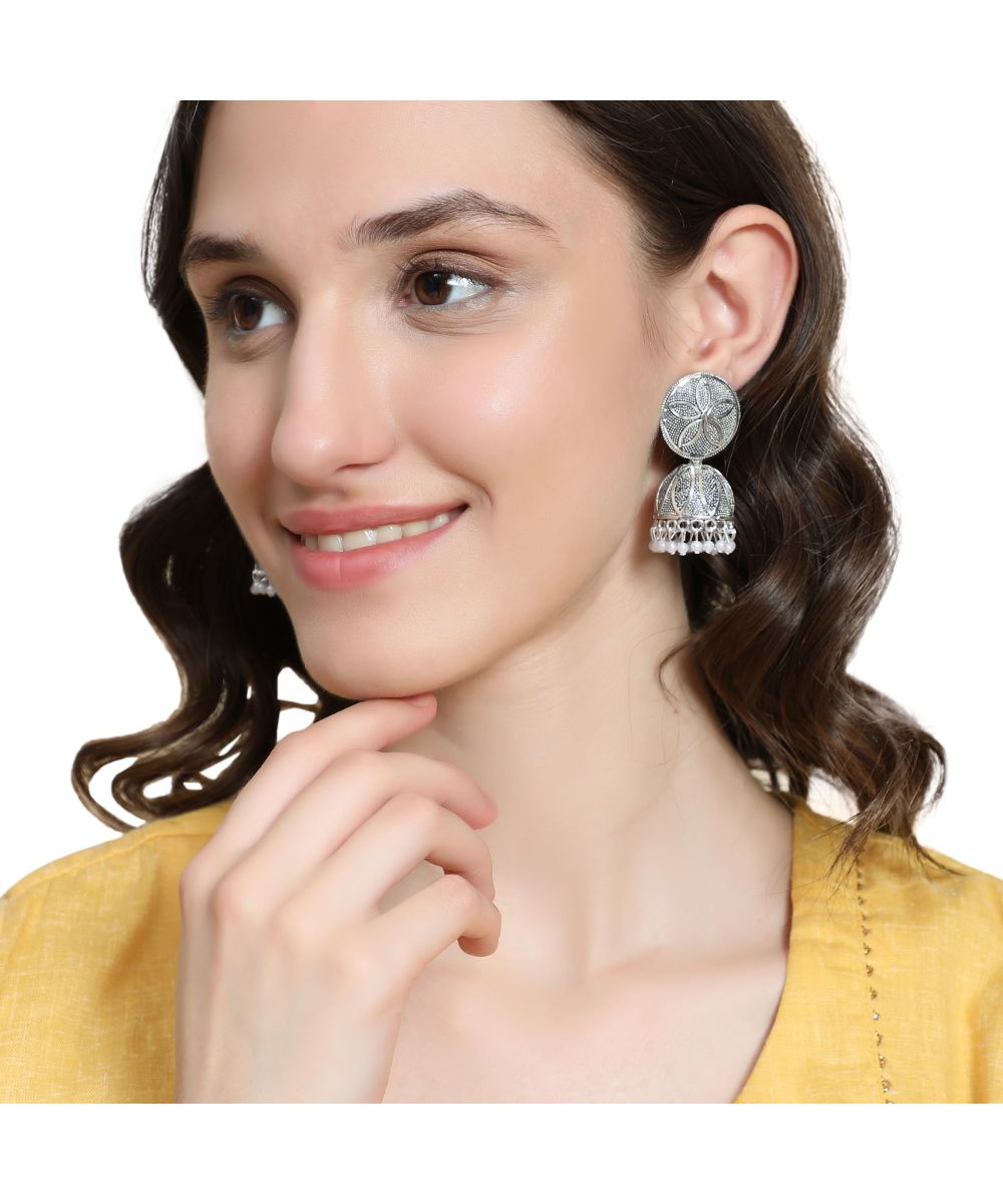 Women's Classic Silver Plated Metallic Plated Jhumka Earring - MODE MANIA