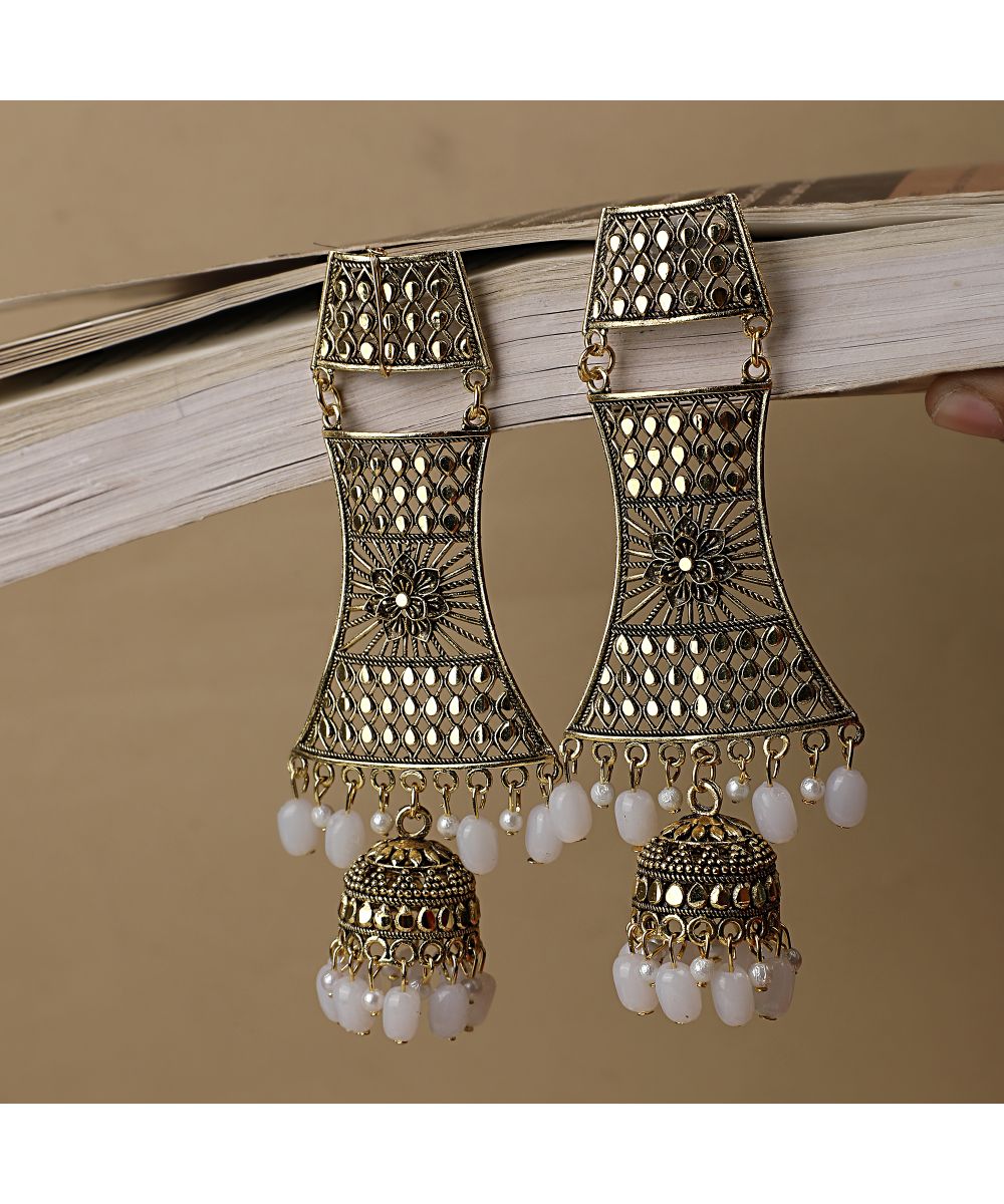Women's Antique Gold Dangle Drop Statement Jhumka Earring - MODE MANIA