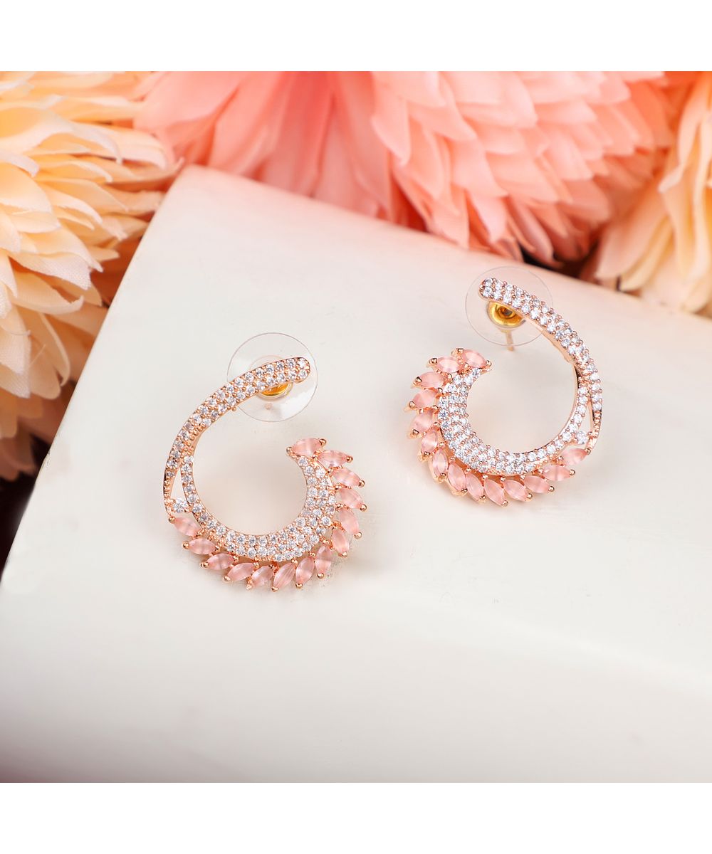 Women's American Diamond Statement Rose Gold Half curved Stud Earring - MODE MANIA