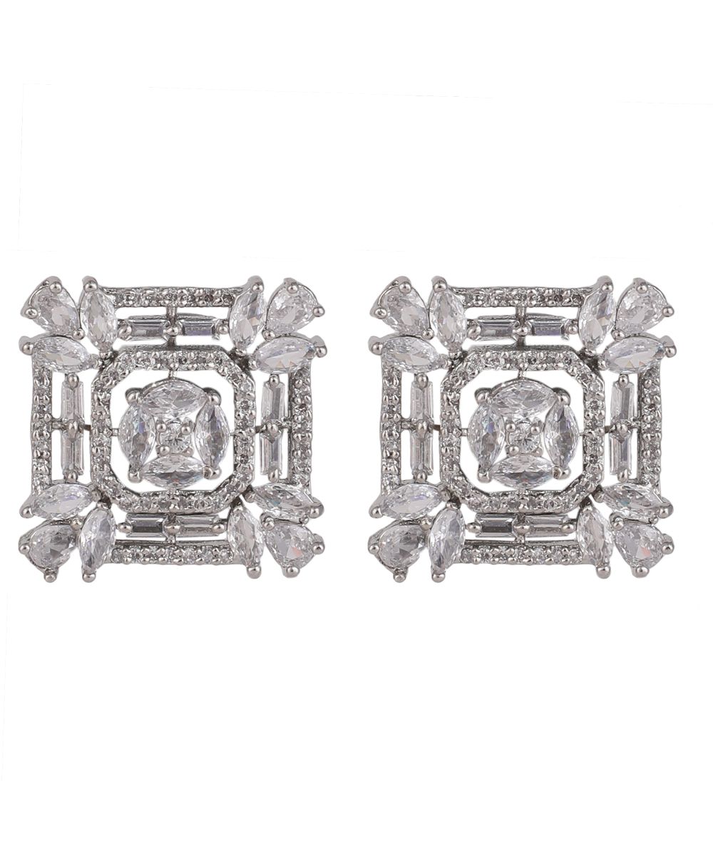 Women's American Diamond Statement Silver Square shaped Stud Earring - MODE MANIA