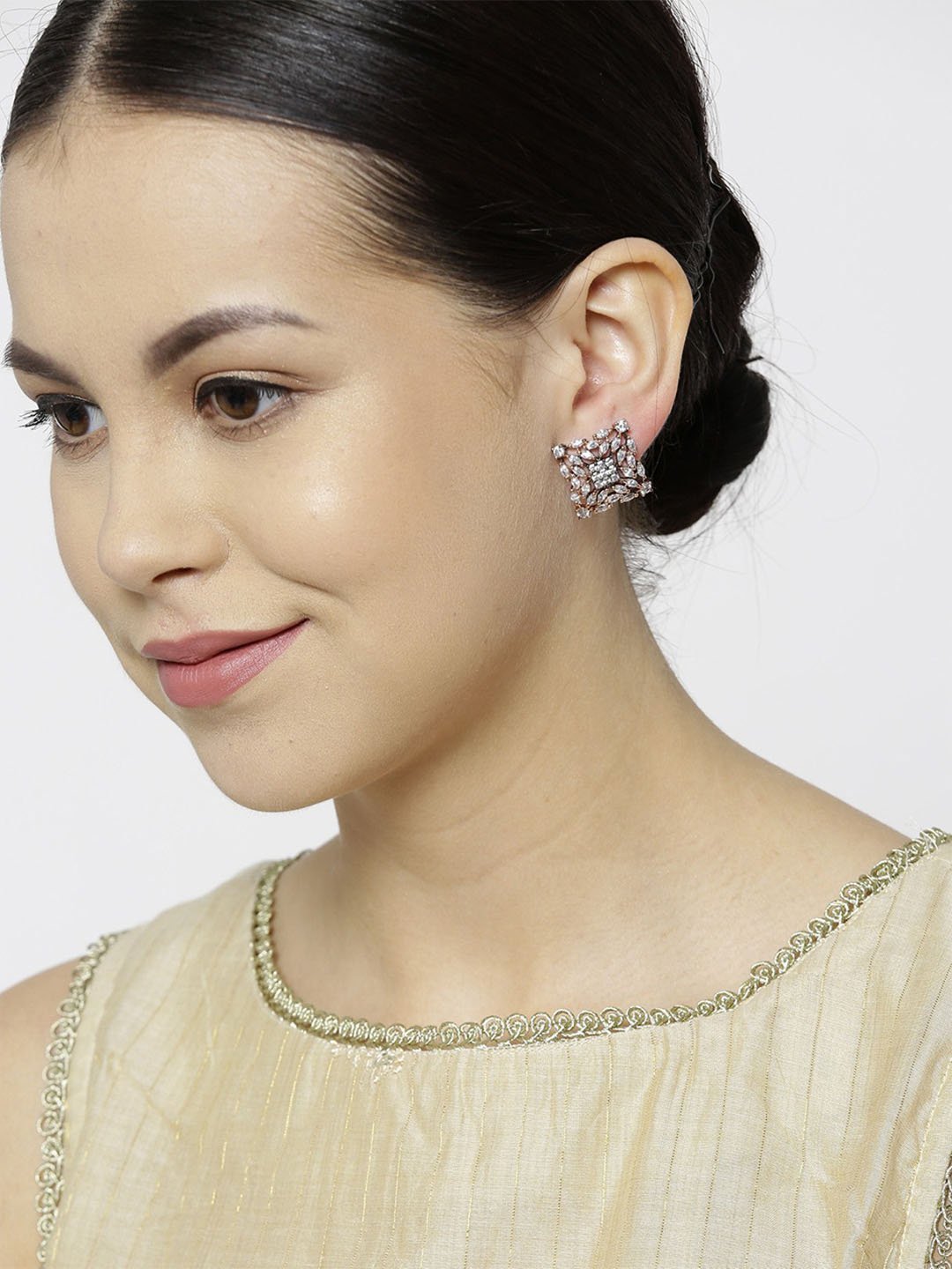 Women's Sparkling Rose Gold Plated Geometric Shaped American Diamond Stud Earring - Priyaasi