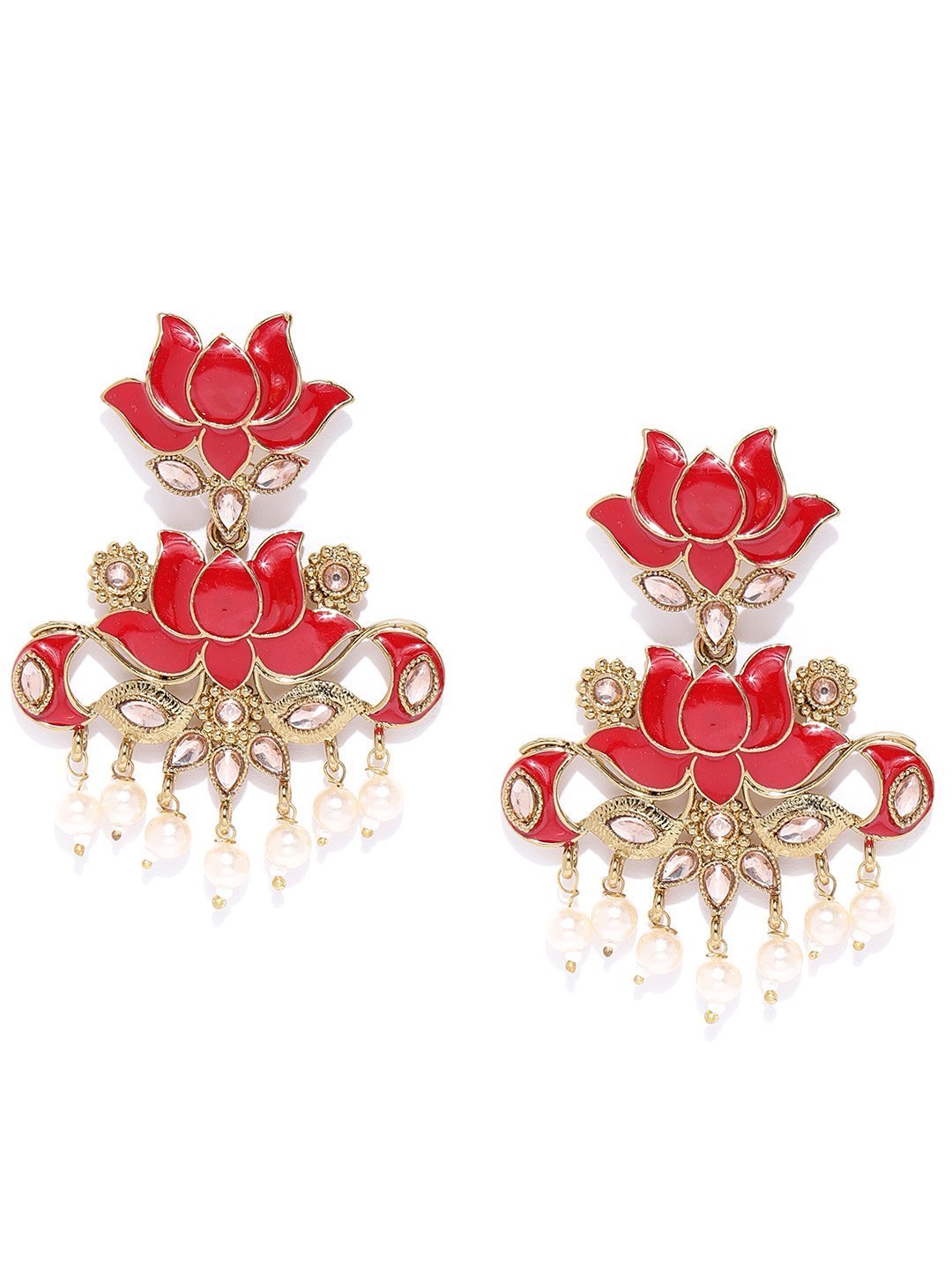 Women's Gold-Plated Stones Studded, Lotus Patterned Meenakari Drop Earring in Red Color with Pearls Drop - Priyaasi