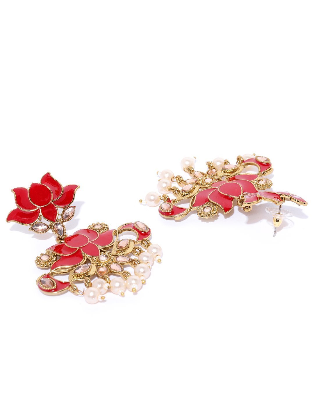 Women's Gold-Plated Stones Studded, Lotus Patterned Meenakari Drop Earring in Red Color with Pearls Drop - Priyaasi