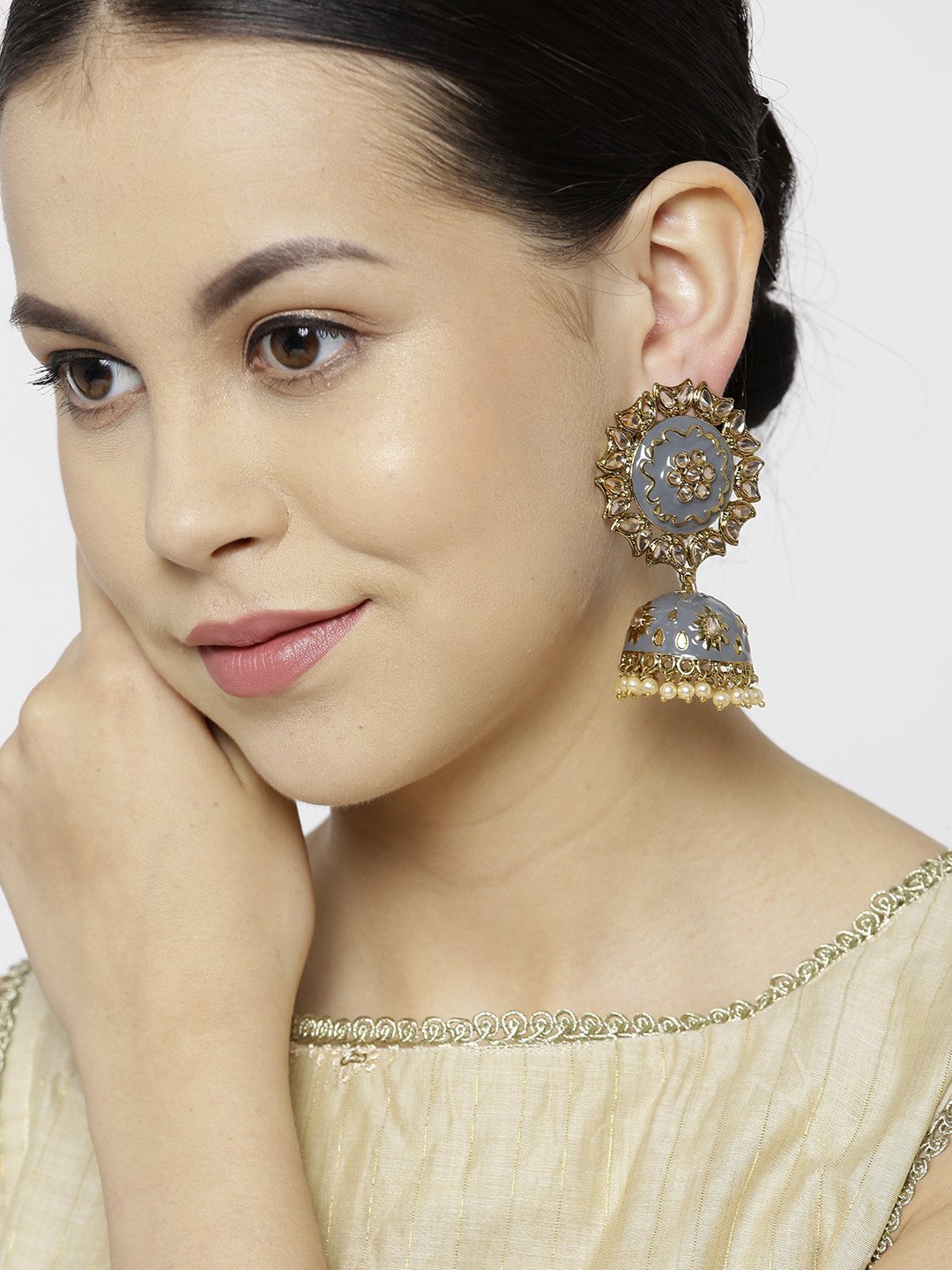 Women's Geometric shaped Grey Jhumka Earring For Women And Girls - Priyaasi