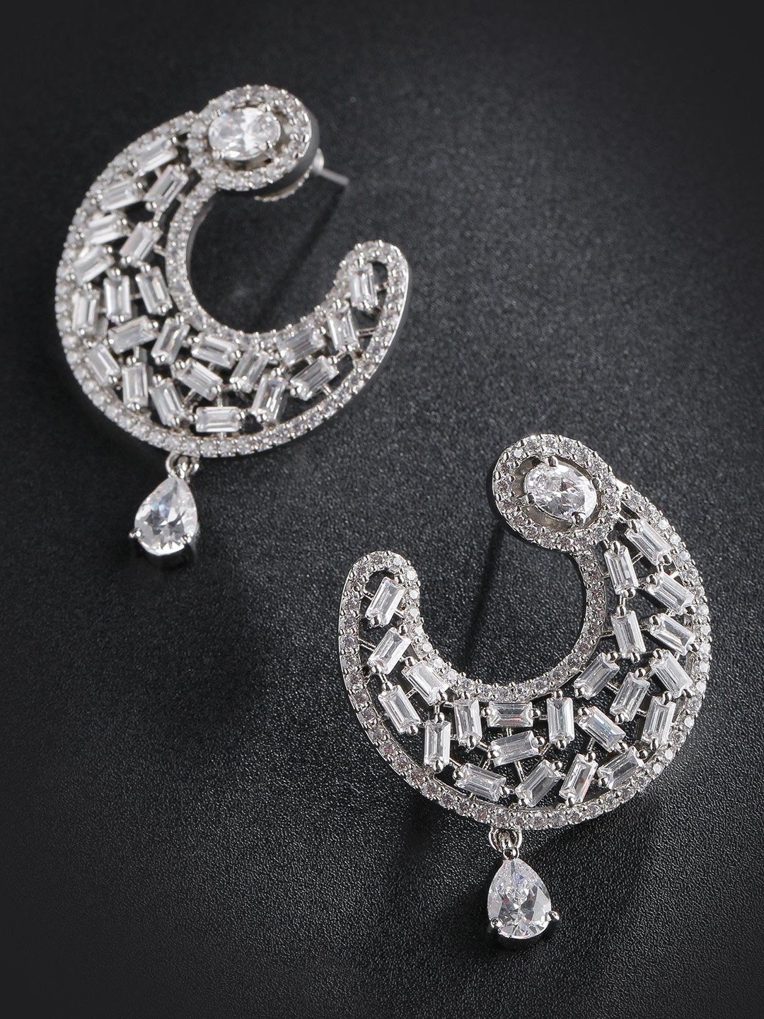 Women's Rhodium-Plated American Diamond Studded Drop Earrings - Priyaasi