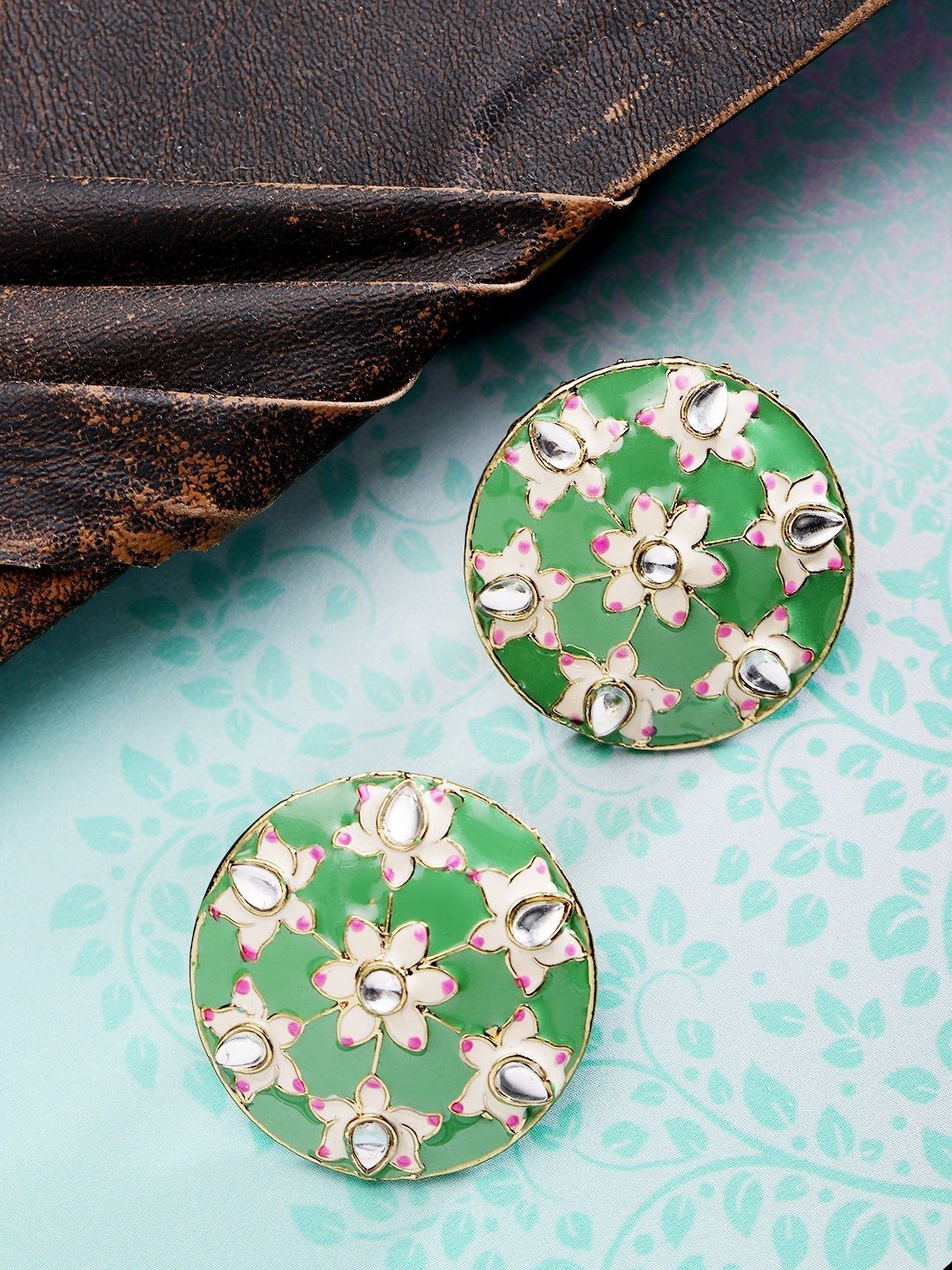 Women's Hand Painted Round Green Colour Floran Stud Earring For Women And Girls - Priyaasi