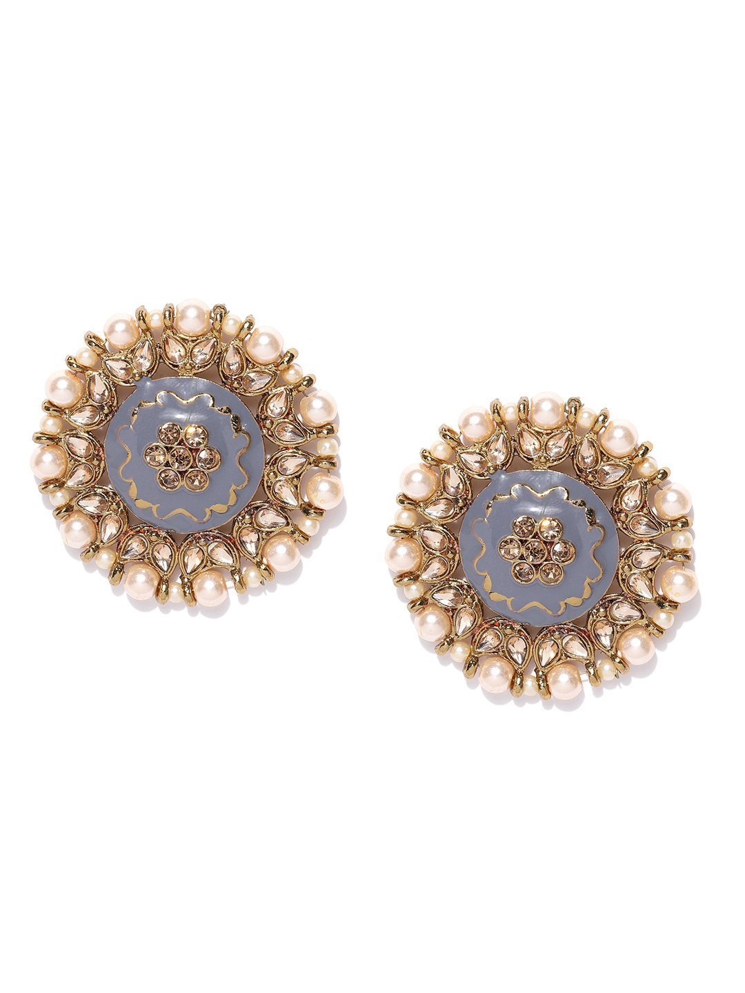 Women's Gold-Plated Pearls And Stone Studded Round Shape Large Stud Earrings - Priyaasi