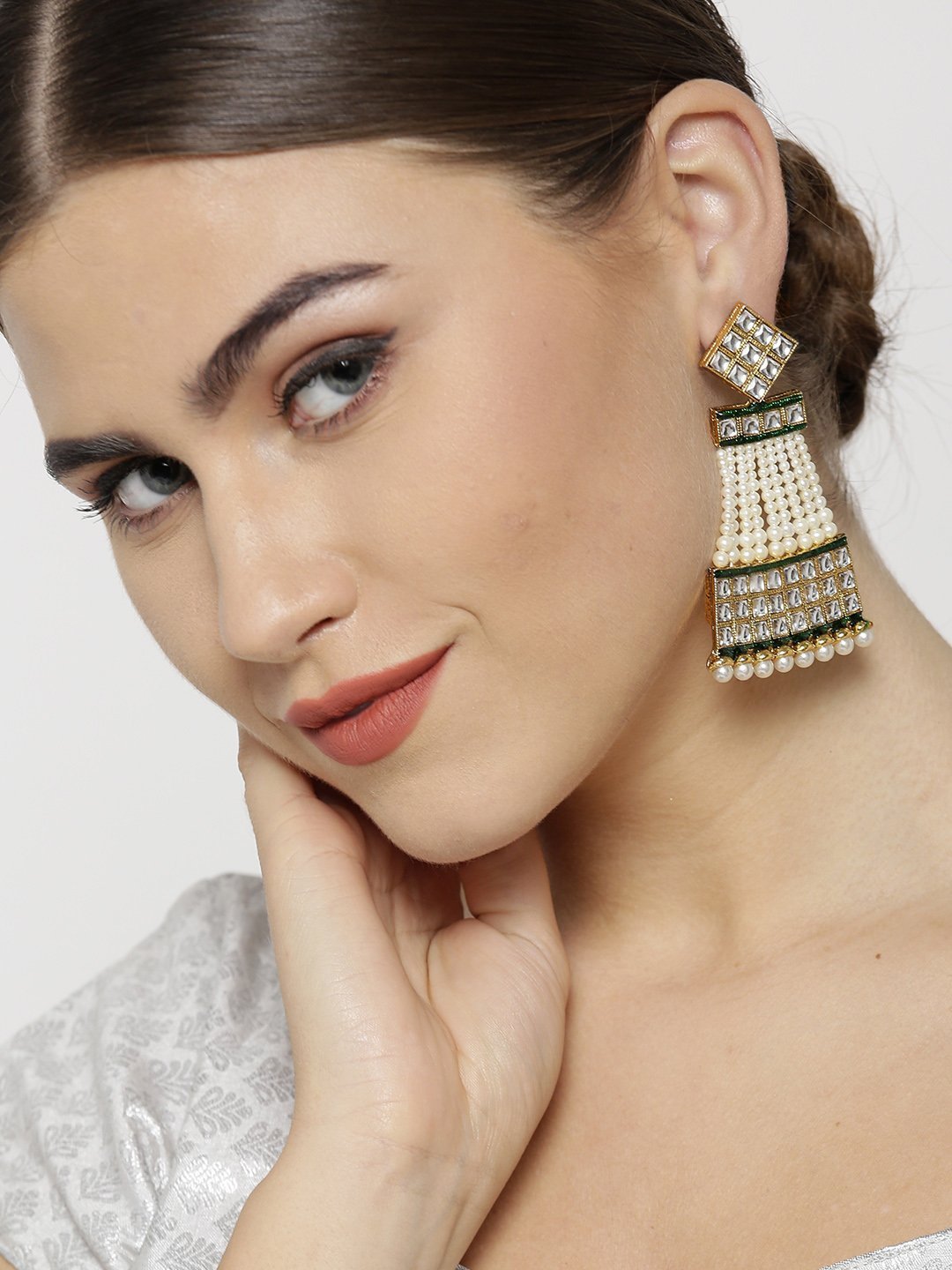 Women's Gold-Plated Kundan and Pearls Studded Drop Earrings - Priyaasi