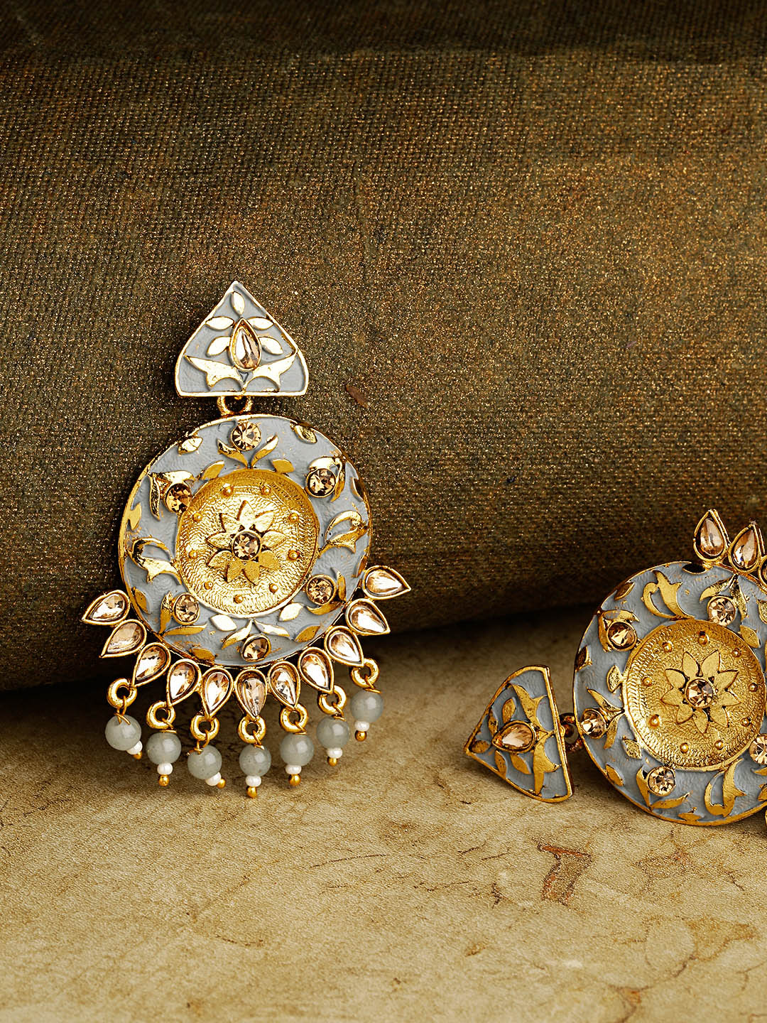 Women's Designer Gold-Plated Stone Studded Round Shape Grey Colour Drop Earrings - Priyaasi