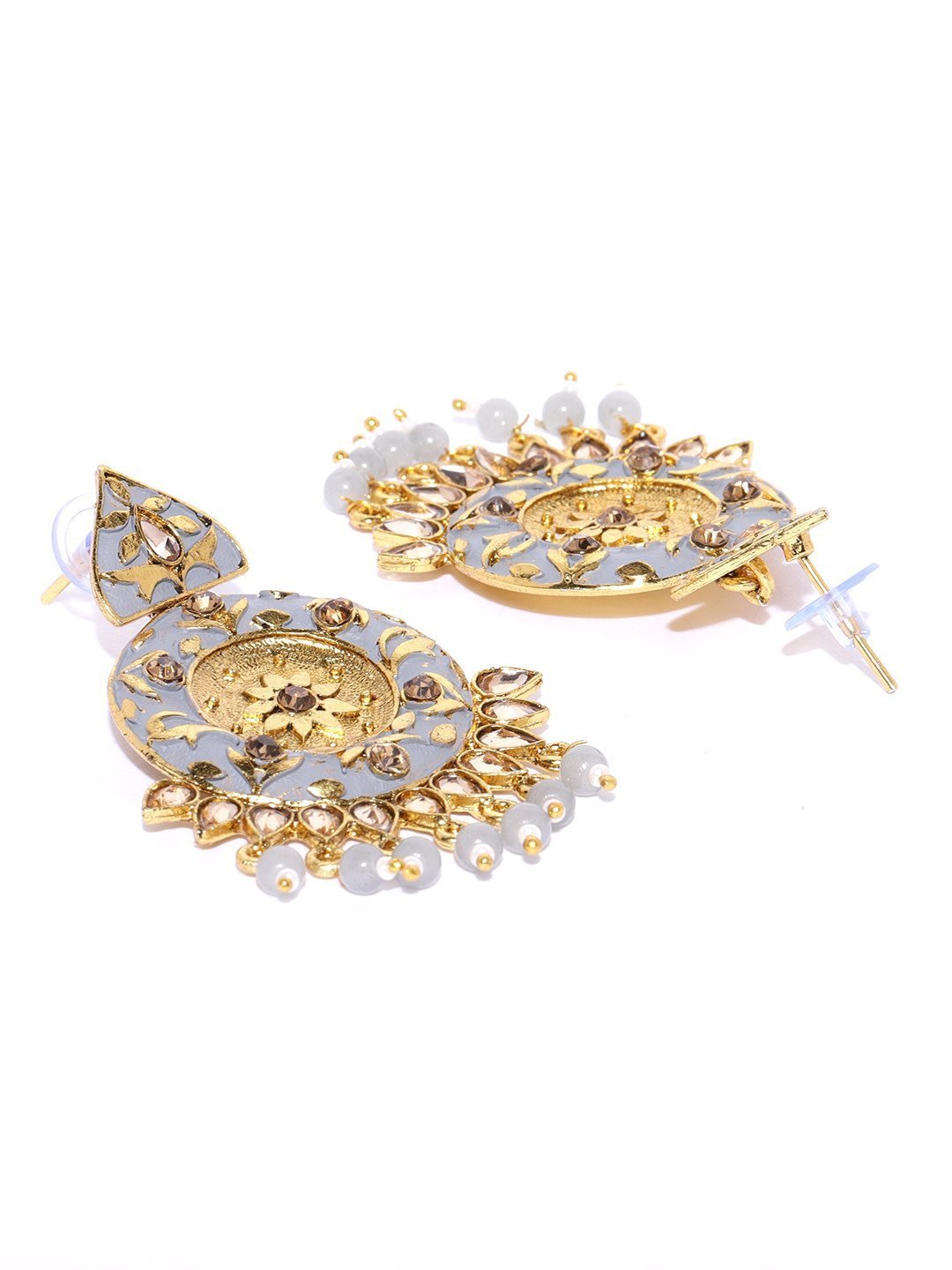 Women's Designer Gold-Plated Stone Studded Round Shape Grey Colour Drop Earrings - Priyaasi