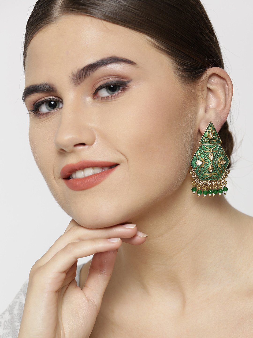 Women's Gold-Plated Stone Studded, Geometric Inspired Drop Earrings with Beads Drop in Green Color - Priyaasi