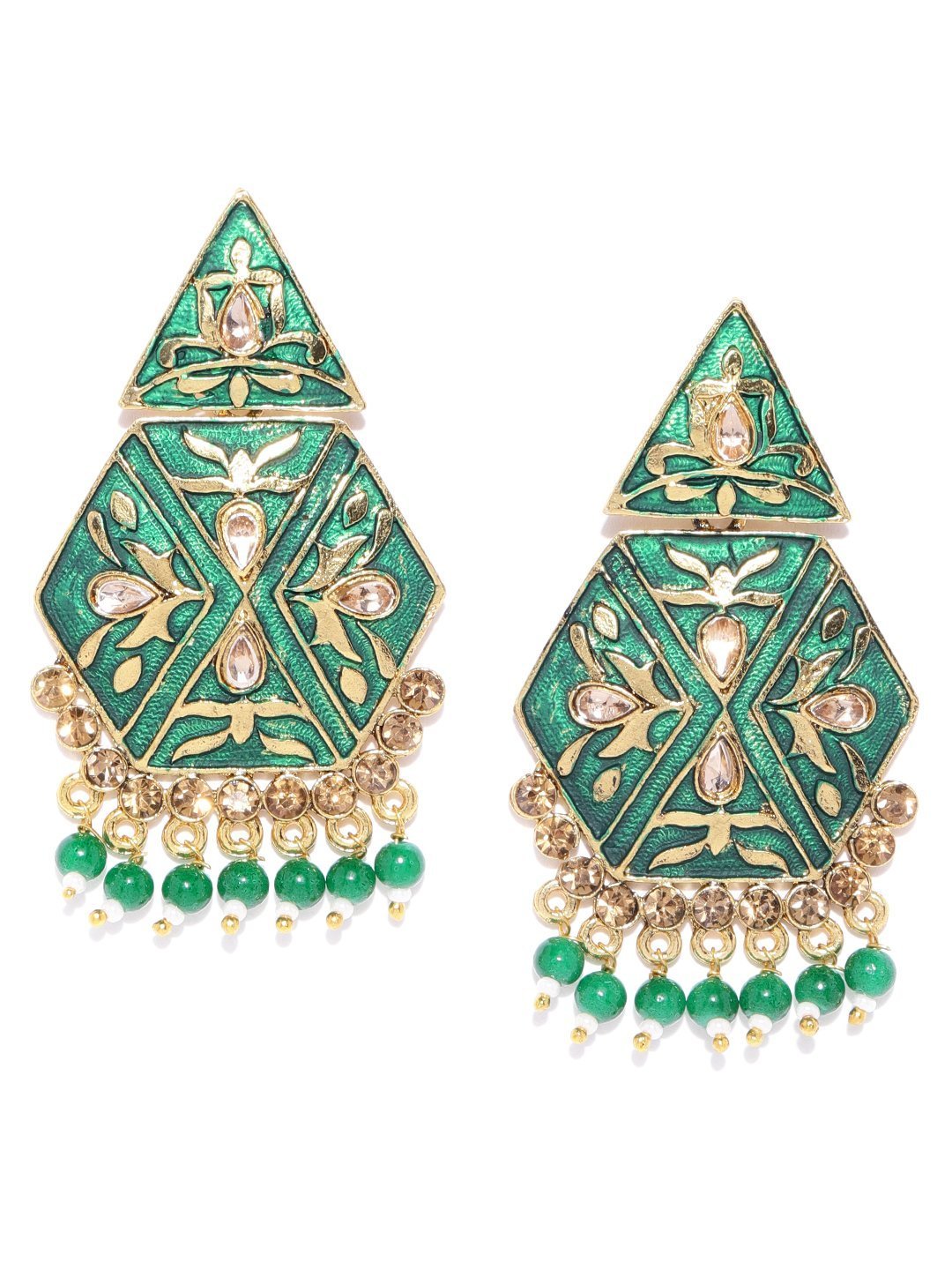 Women's Gold-Plated Stone Studded, Geometric Inspired Drop Earrings with Beads Drop in Green Color - Priyaasi