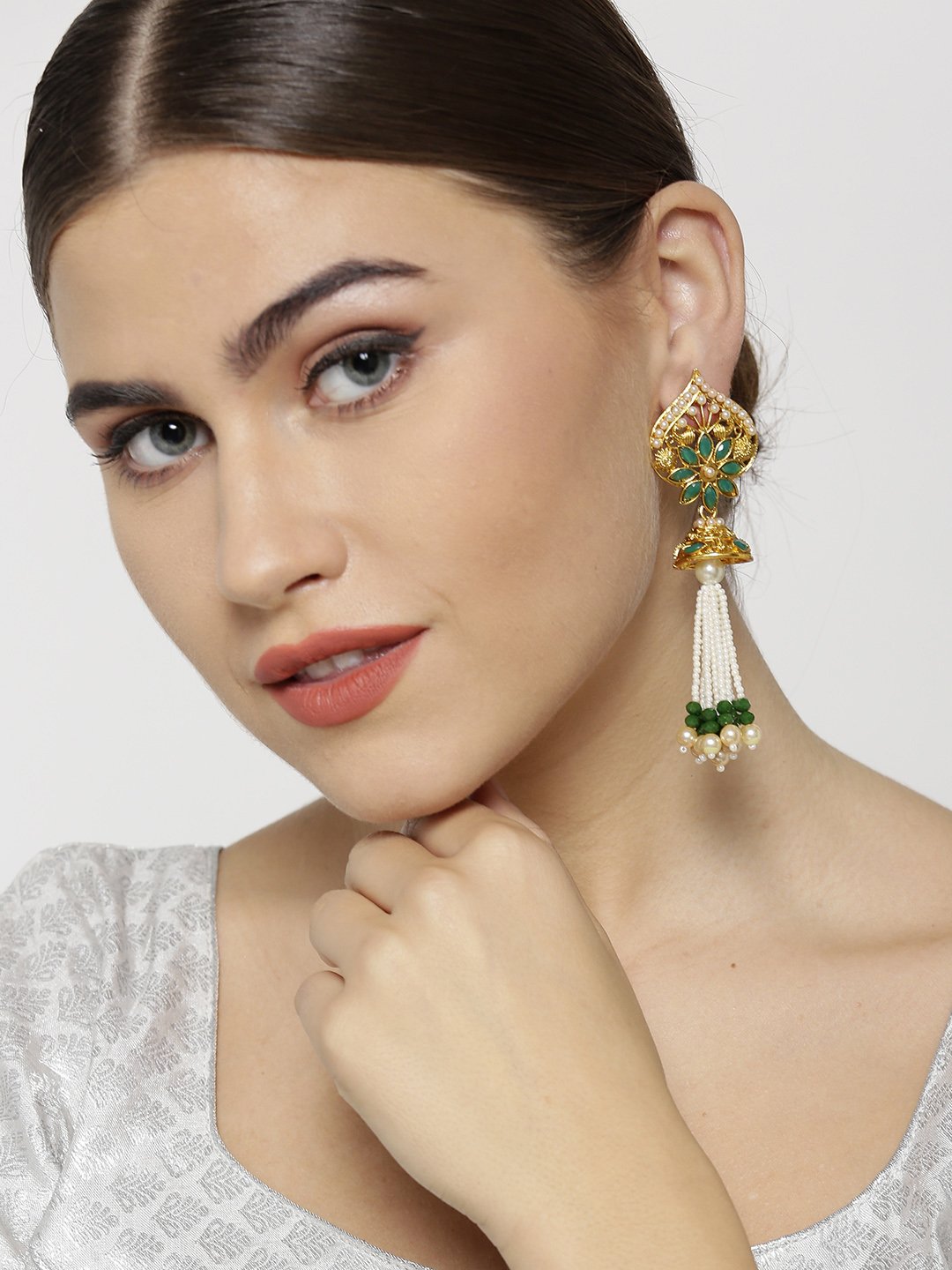 Women's Gold-Plated Pearls and Green Stones Studded Drop Earrings - Priyaasi
