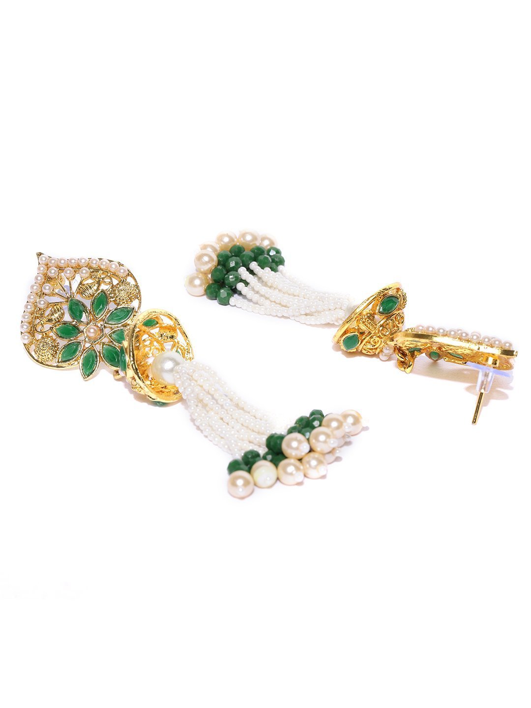 Women's Gold-Plated Pearls and Green Stones Studded Drop Earrings - Priyaasi