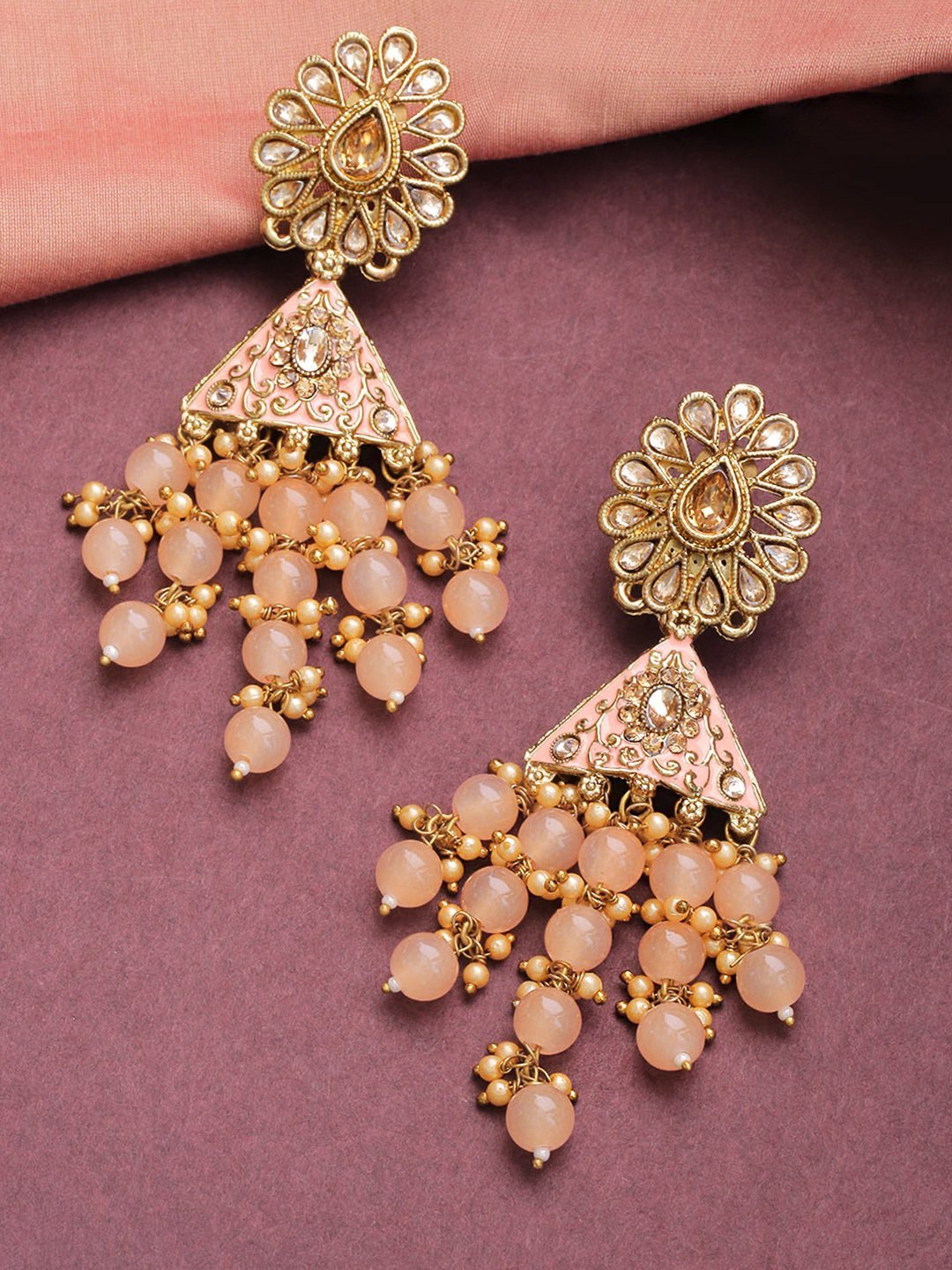 Women's Gold-Plated Stone Studded Floral Patterned Meenakari Earrings with Beads Drop in Peach Color - Priyaasi