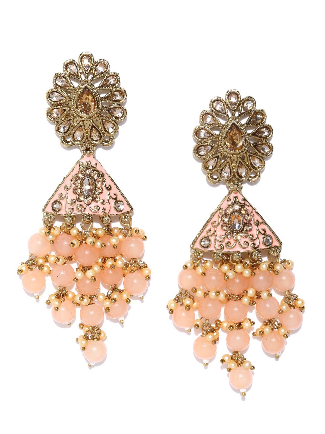 Women's Gold-Plated Stone Studded Floral Patterned Meenakari Earrings with Beads Drop in Peach Color - Priyaasi