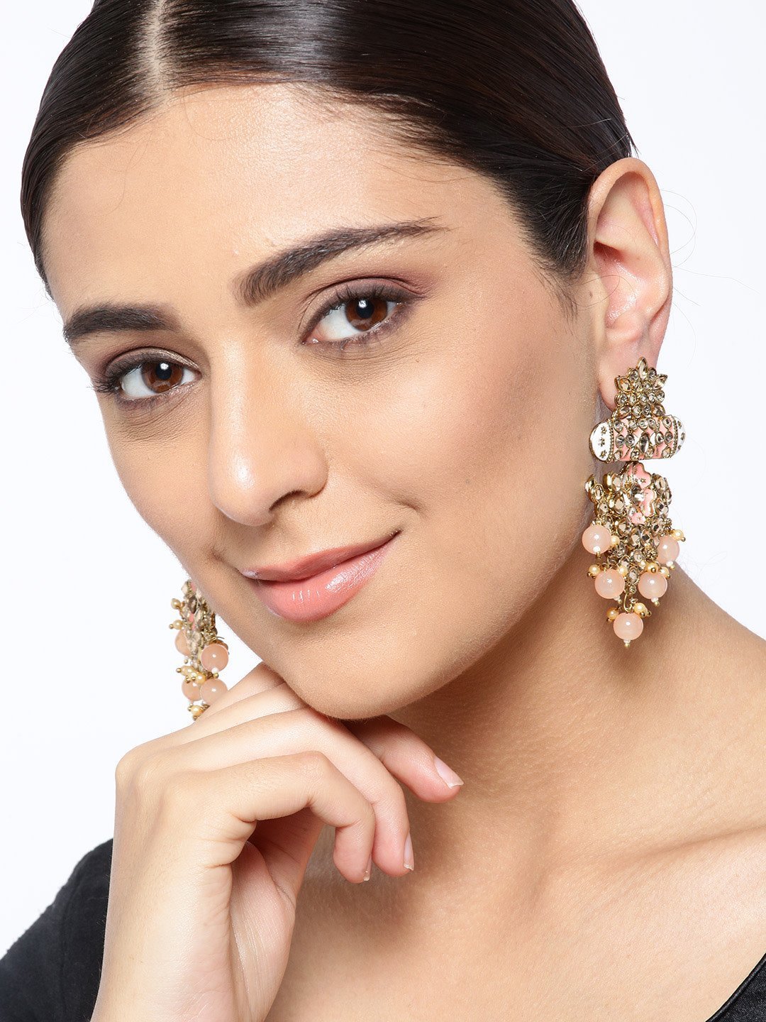 Women's Gold-Plated Stone Studded Meenakari Earrings with Beads Drop in Peach Color - Priyaasi