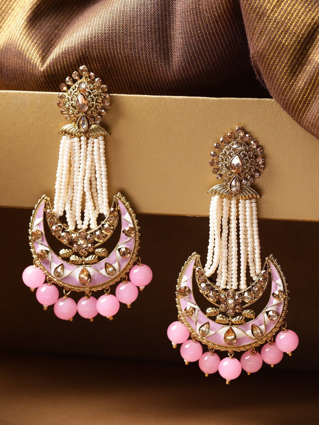 Women's Gold-Plated Stones Studded Chandbalis Earrings with Meenakari In Pink And White Color - Priyaasi