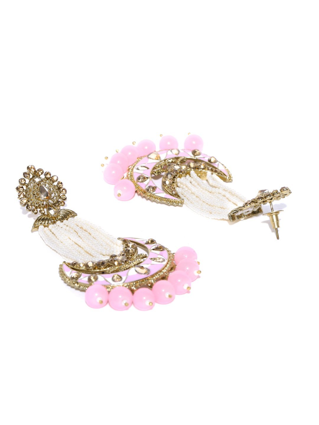 Women's Gold-Plated Stones Studded Chandbalis Earrings with Meenakari In Pink And White Color - Priyaasi