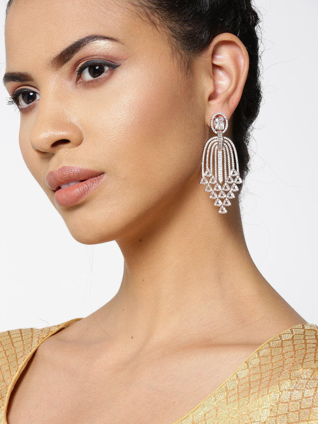 Women's Rose Gold-Plated American Diamond Studded Waterfall Drop Earrings - Priyaasi