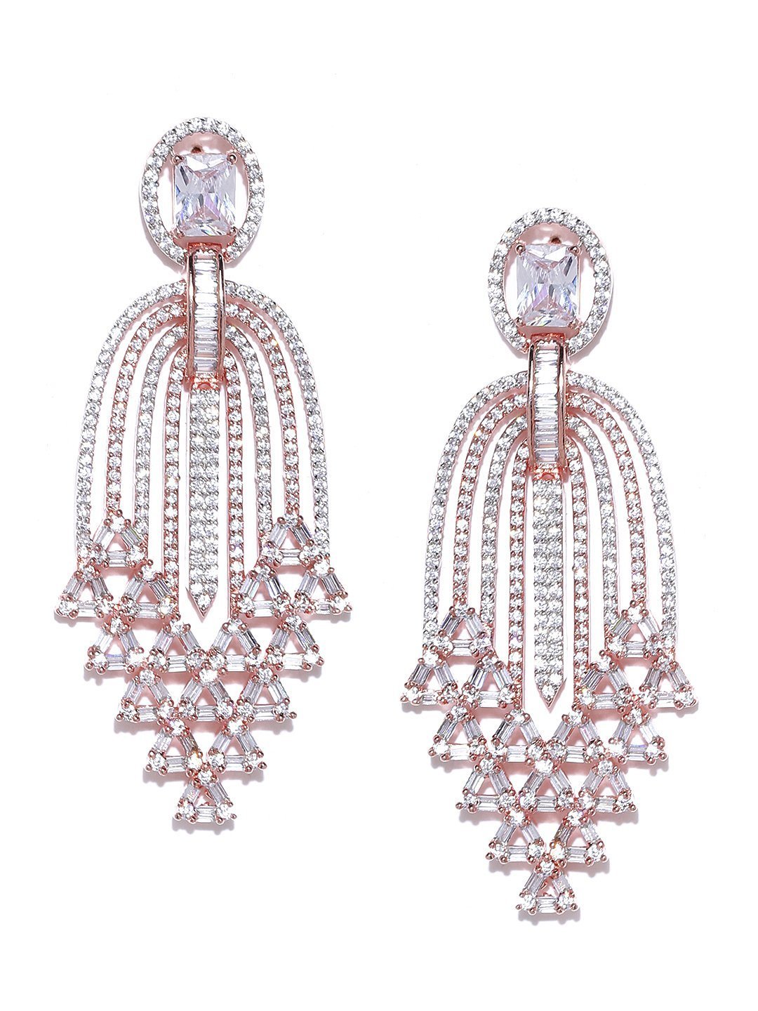 Women's Rose Gold-Plated American Diamond Studded Waterfall Drop Earrings - Priyaasi